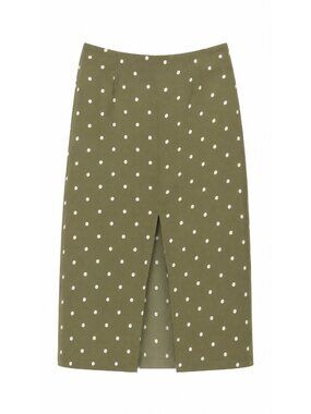 REFORMATION Midi Slit Olive Green Polka Dot Skirt Sz 4